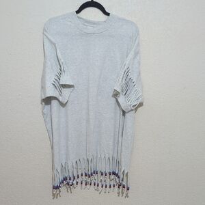 Fringe Beaded Hem, Cut Lantern Like Sleeves Gray T-Shirt